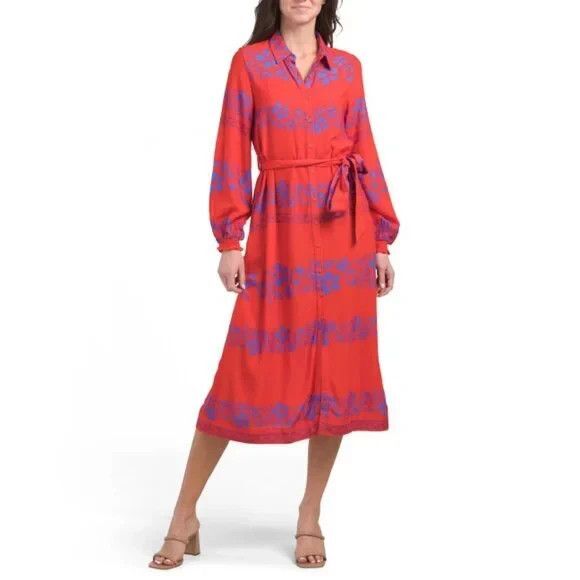 Celina Moon Red Puff Sleeve Floral Midi Shirtdress Dress Boho Tuckernuck S